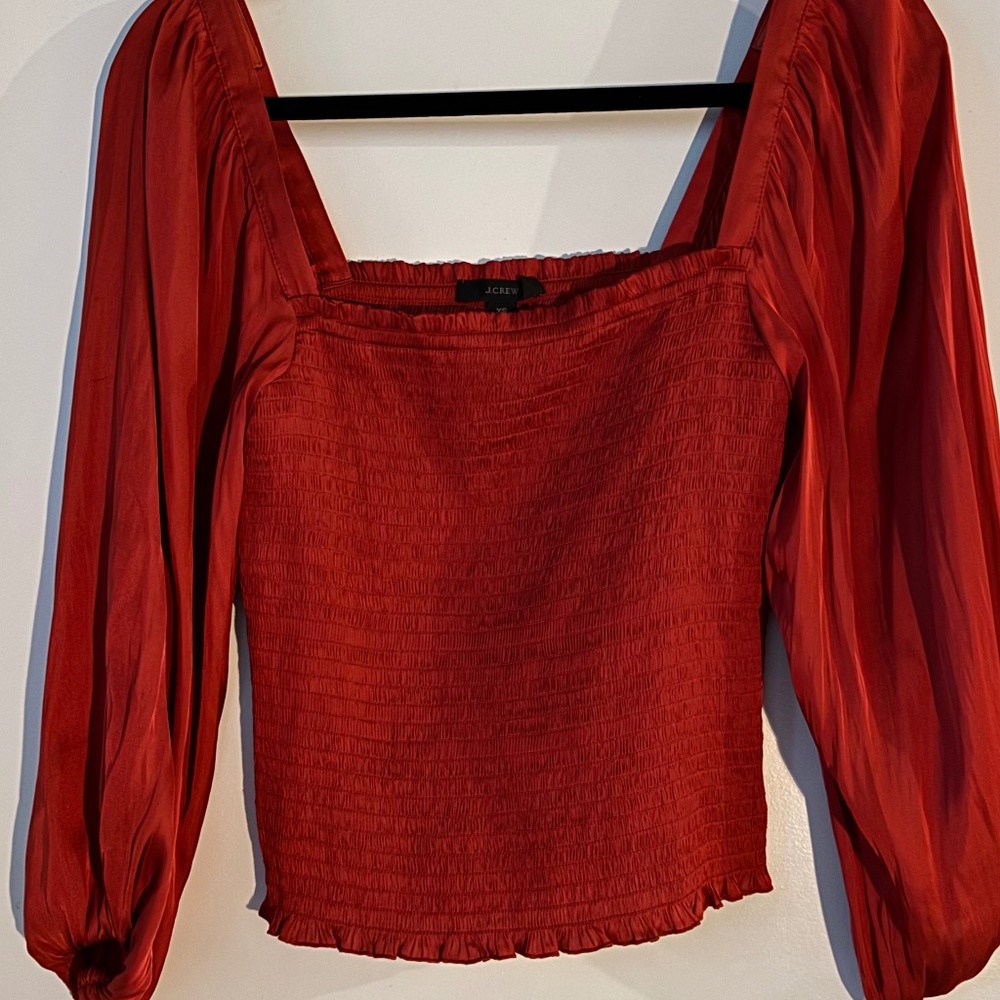 J. Crew Tops | Women’s J.Crew Peasant Blouse Red-Orange Smocked Satin